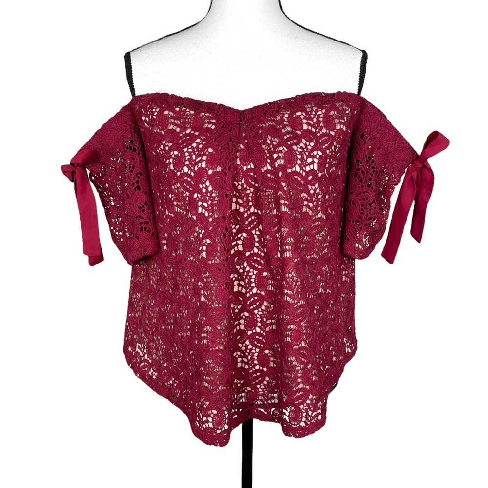 Moon River Burgundy Crochet Lace Off Shoulder Top - Picture 3 of 8